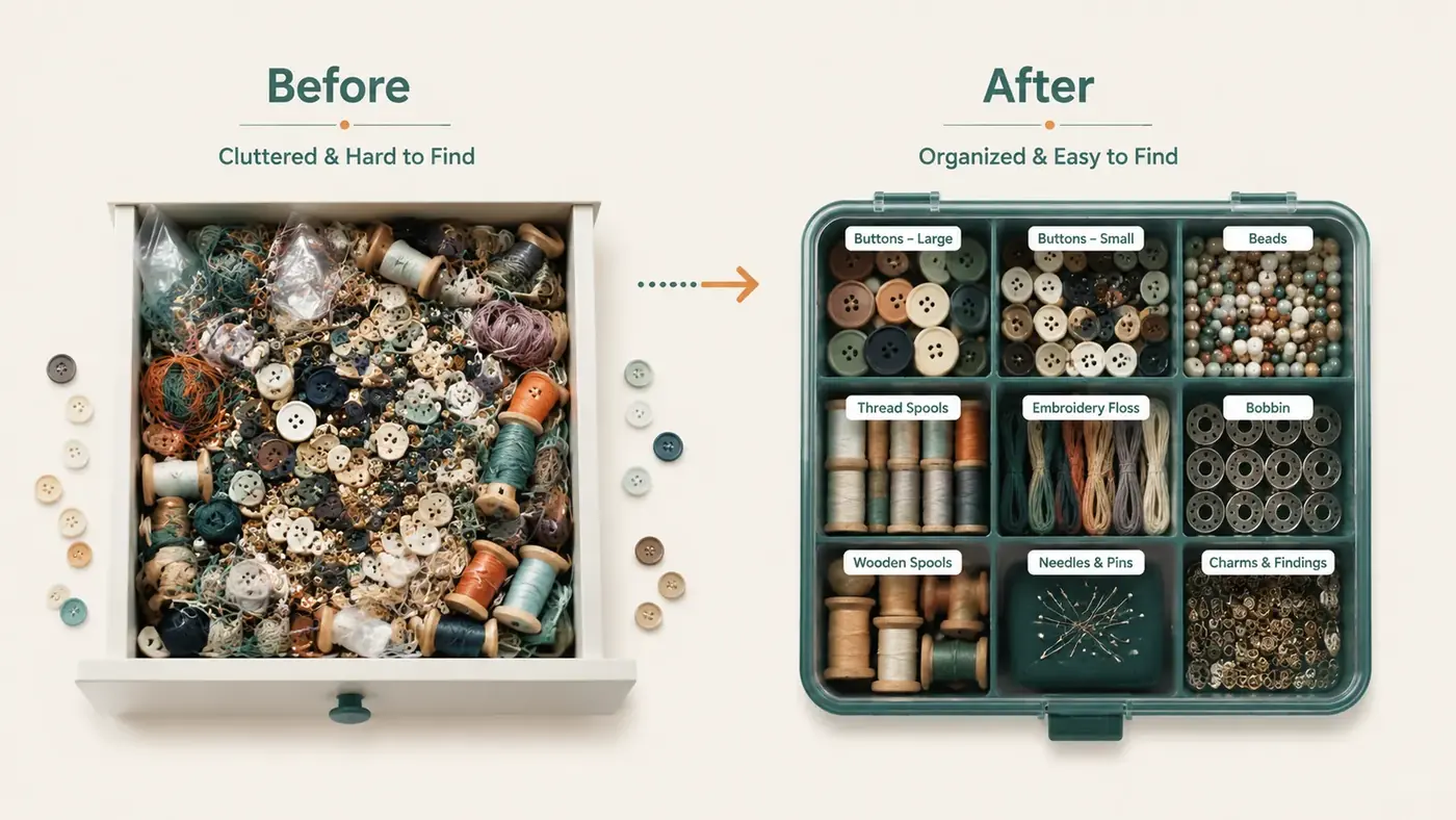 Before and after comparison of a cluttered craft drawer versus supplies sorted into a divided organizer case
