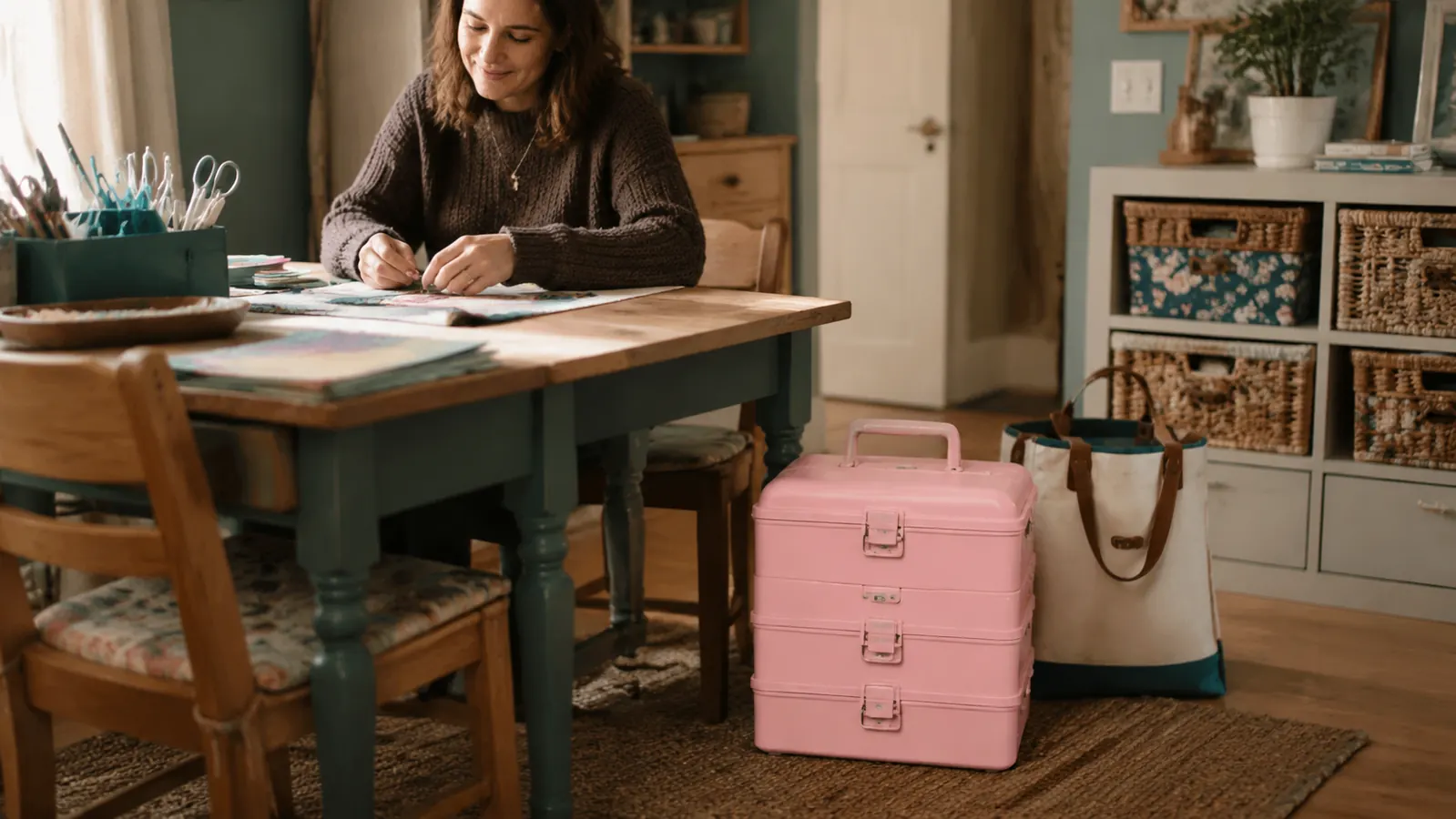 Craft organizer case with folding handle sitting on the floor next to a craft table, ready to carry to a sewing group