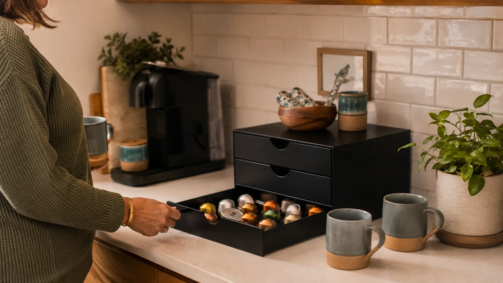 Black K-cup organizer sitting tidy on a kitchen counter with coffee mugs nearby and morning sunlight