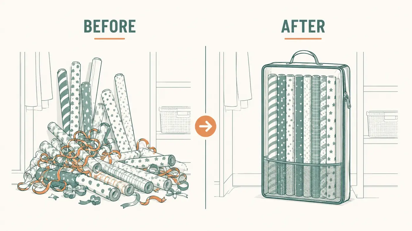 Before and after comparison of a messy closet floor with loose wrapping paper rolls versus rolls stored upright in an organizer