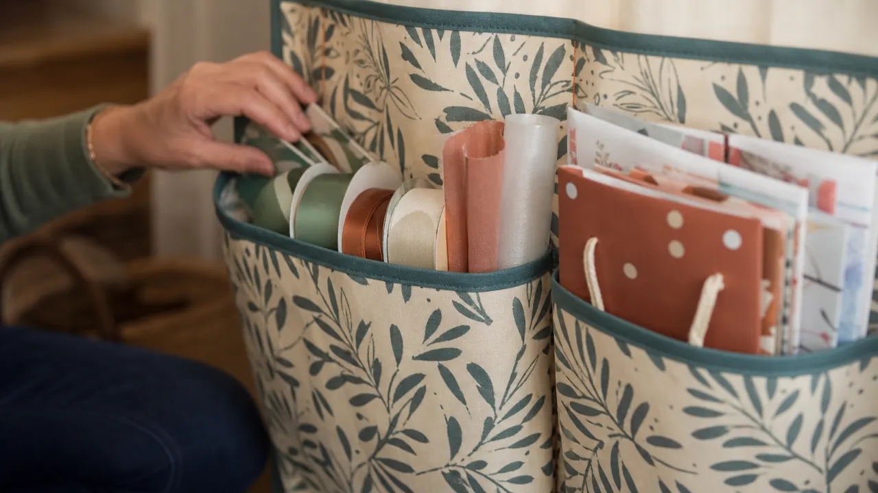Ribbon spools and gift bags tucked into the side pockets of a wrapping paper organizer