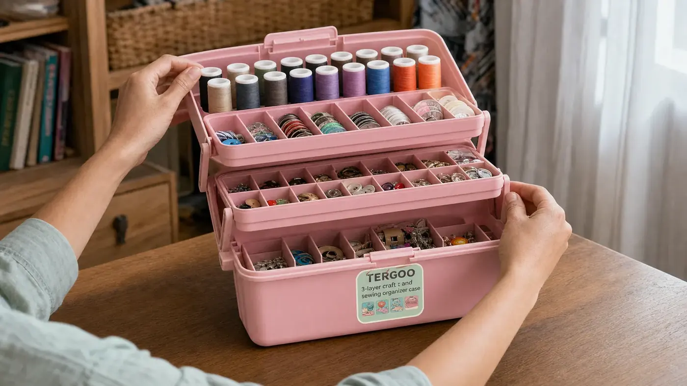 Hands unfolding the pink TERGOO craft organizer to show its three tiered layers of dividers filled with bobbins, thread, and sewing tools
