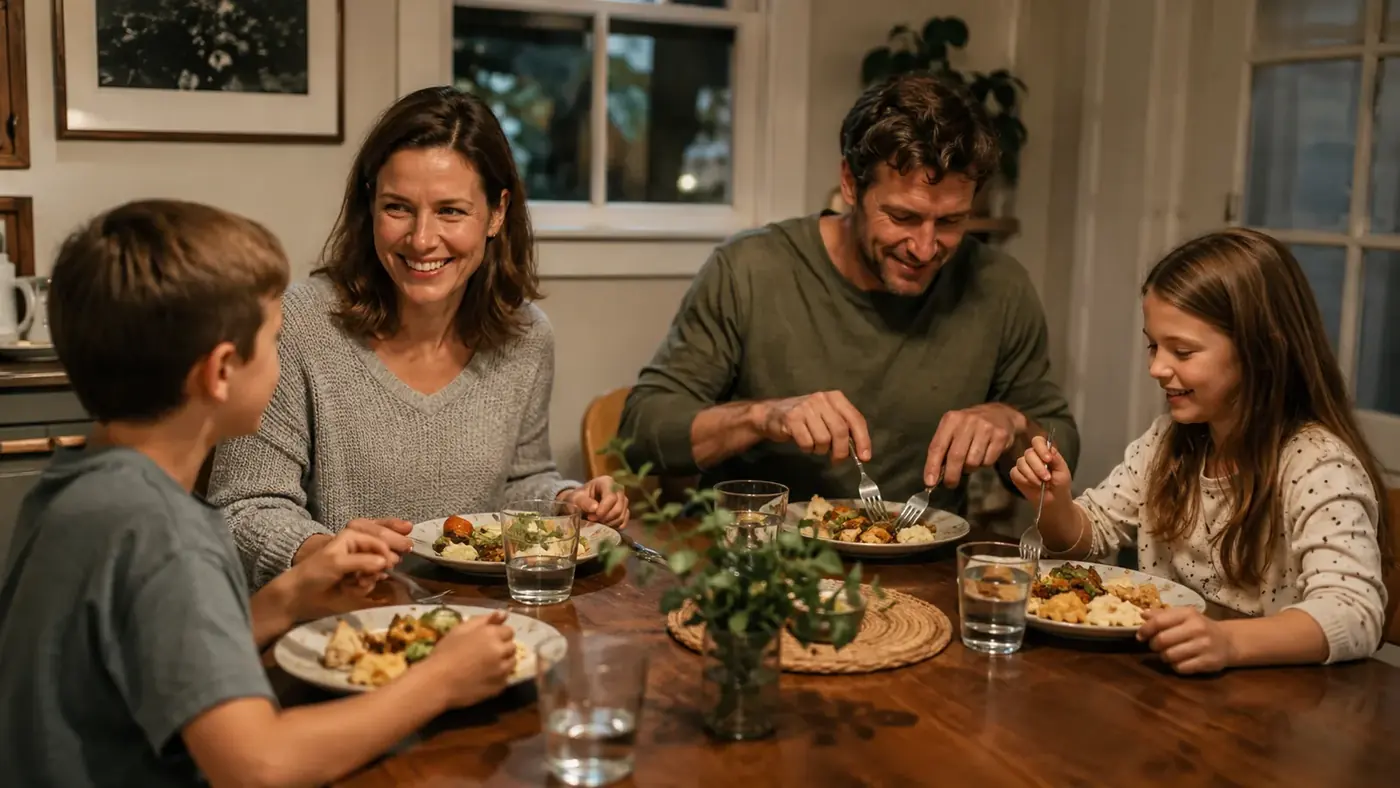 A family of four eating dinner together at a clear wooden dining table with plates and glasses