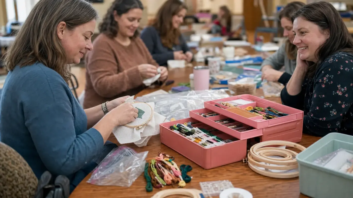 TERGOO organizer sitting on a church fellowship hall table surrounded by cross-stitch supplies during a craft group meeting