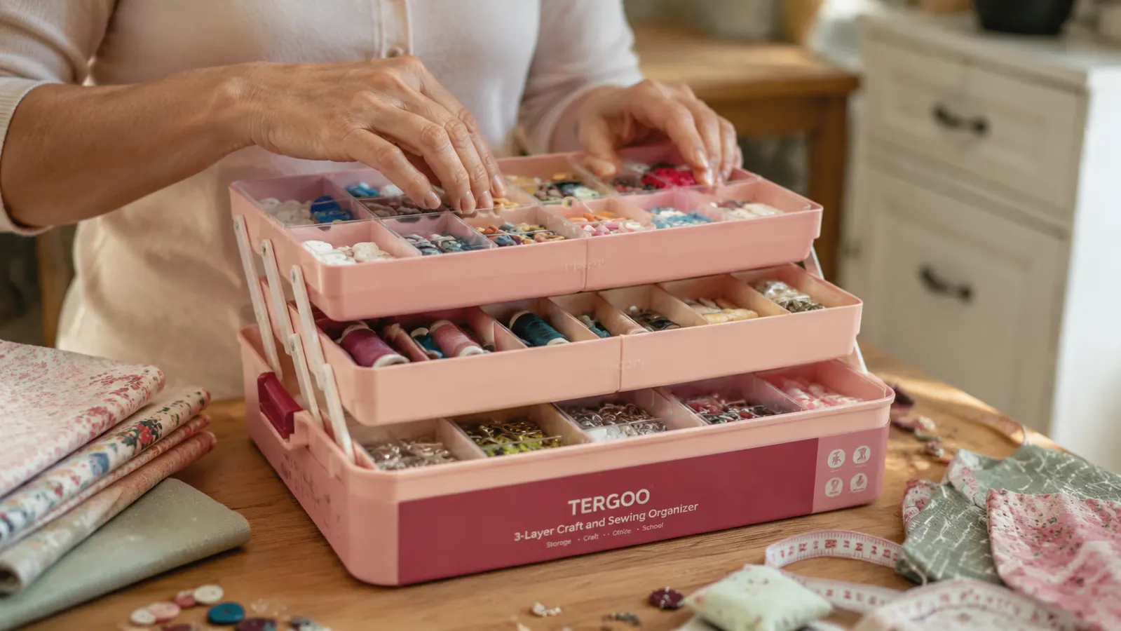 Woman's hands sorting bobbins and buttons into the adjustable dividers of the TERGOO folding organizer