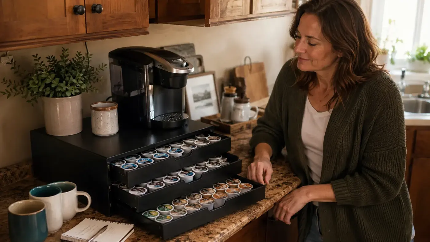 Three open drawers of coffee pods on a kitchen counter next to two coffee mugs and a small notepad
