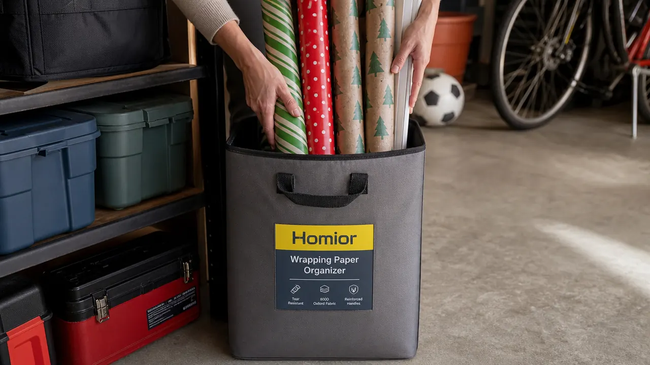 A woman's hands loading rolled wrapping paper into a black fabric organizer bag with reinforced handles in a garage