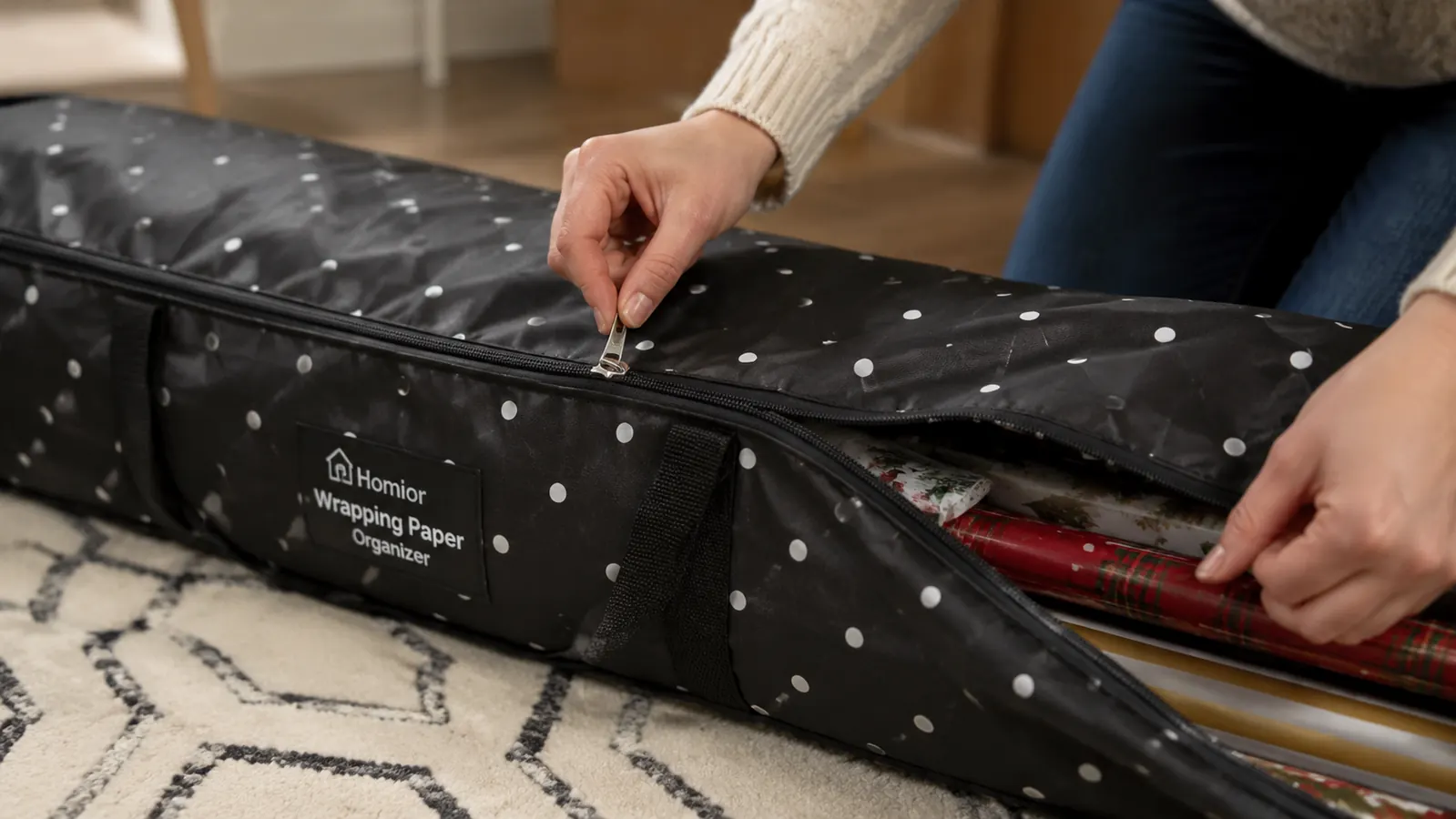 Close-up of a hand pulling the zipper track fully around the organizer bag