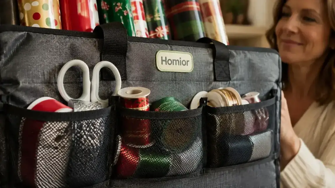 Side pockets of the organizer stuffed with ribbon spools, tape, and gift bags